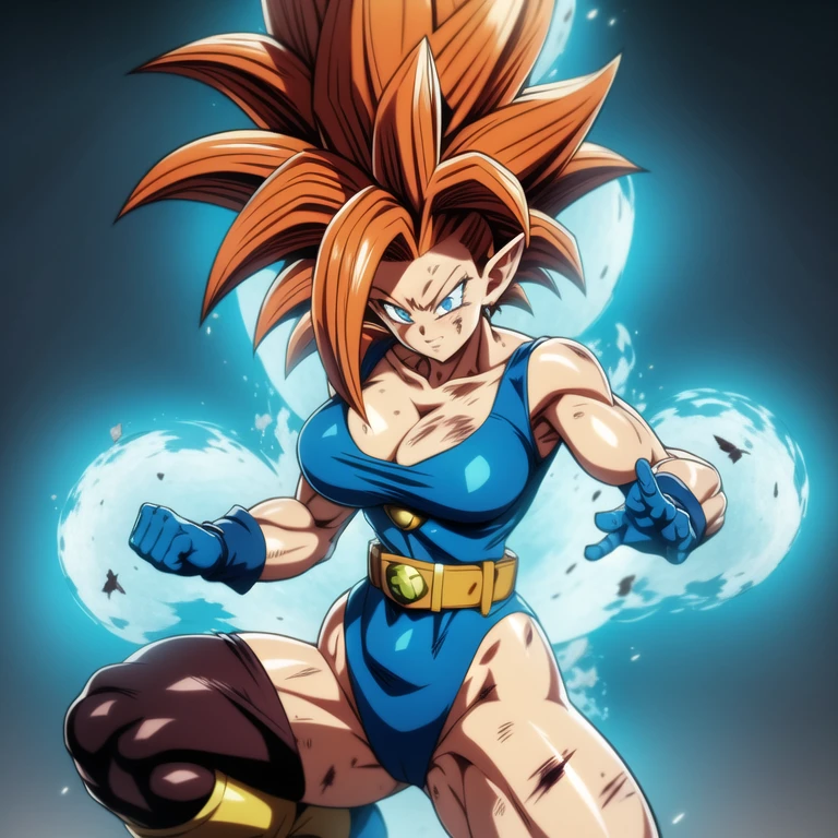 dbsuper style, 1
Girl, captain mizuki, green aura, super saiyan's aura, belt, pointed ears, elf ears, Red colored hair, huge hair, bruise, bruise on face, clenched hands, frown, gloves, blue eyes, grey gloves, evil grin, medium breasts, Aura around her, solo, high ponytail, mouth opened, furious, saiyan armor, armor,  powering up aura
, ((masterpiece)) 
