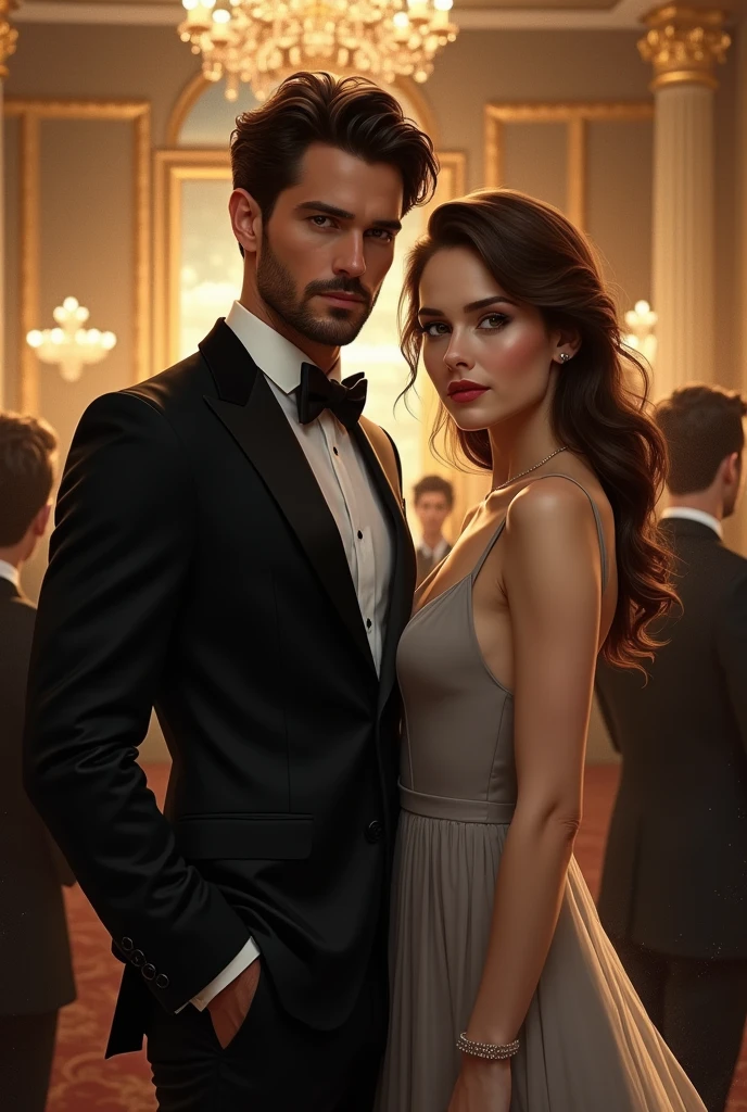 A handsome and confident man in a suit adjusting his sleeve with a woman next to him wearing a green dress, I want this in a 1800 by 1800 ratio