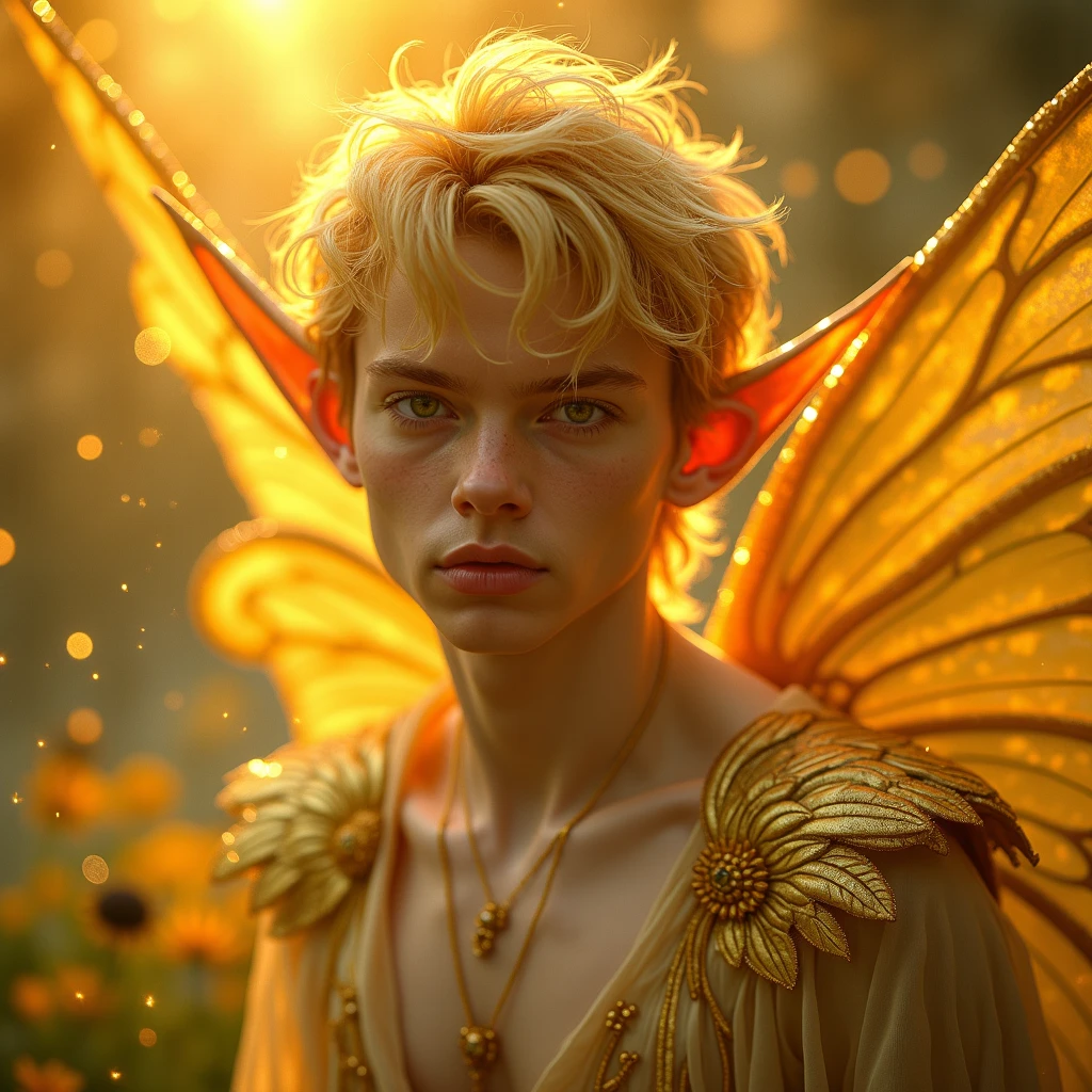 detailed, highly realistic male fairy with blond hair, green eyes, and golden wings in a lush, vibrant floral setting, (best quality,4k,8k,highres,masterpiece:1.2),ultra-detailed,(realistic,photorealistic,photo-realistic:1.37),hyperrealistic, incredibly detailed face and features, extremely realistic skin texture,elf ear, ornate golden wings, lush flowering plants and foliage, dramatic lighting, vivid colors, cinematic composition ,male,elf ears , golden wings ,with no shirt,with a pair of golden translucent fairy wings