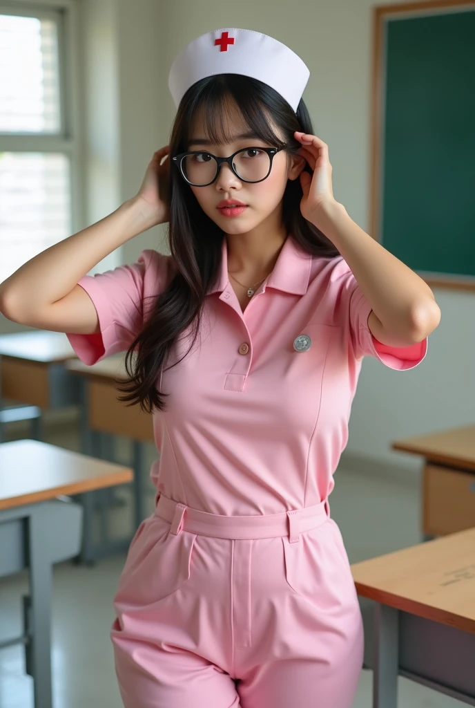 ((1girl)), ((Best Quality)), (Ultra-detailed), (extremely detailed CG unified 8k wallpaper), Highly detailed, High-definition raw color photos, Professional Photography, Beautiful breasts, Peanut butter brown hair, Amazing face and eyes, Pink eyes, (amazingly beautiful girl), School, (hi-school uniform with front open), (See-through panties), sitting, (spread your legs),
