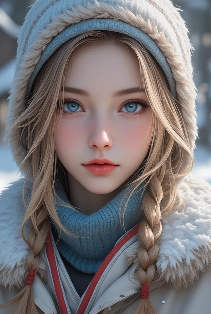 blonde beauty, half-updo, blue eyes, shuba, dubronka, wrapped in ushanka, cold weather, extremely cold land, ultra detailed, absolutely resolution, masterpiece