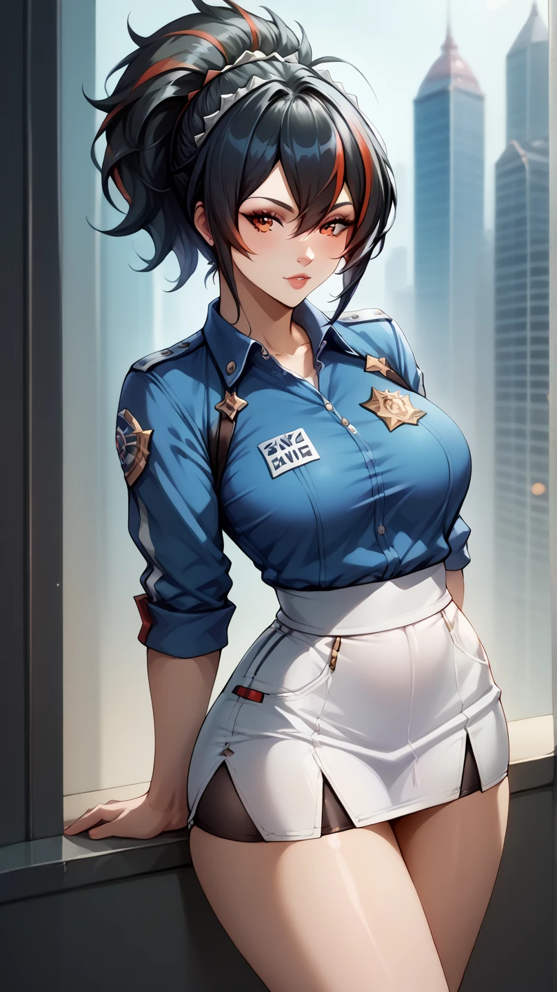 ((best quality)), masterpiece,looking at viewer,full body,arms behind back Zhu Yuan from Zenless Zone Zero, with ponytail hair featuring black hair, STREAKED HAIR AT THE MIDDLE HAIR.perfect body,large breasts, slimfit tshirt,white skirt, enticing legs,cowboy shot,front look