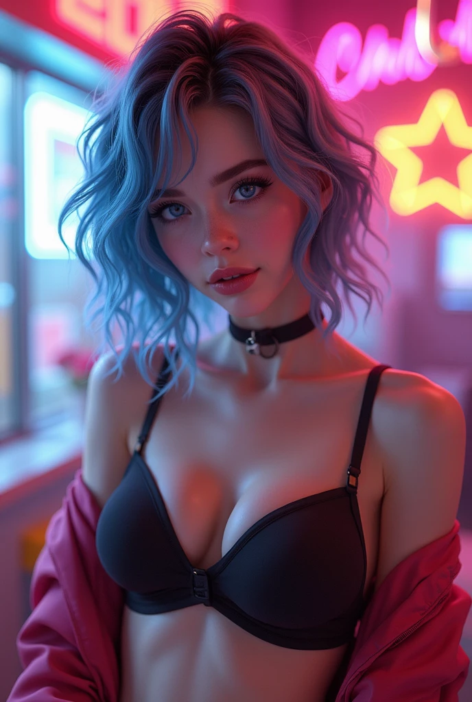 Fishnet Stockings, high quality, A high resolution, high quality face, Ultra detail, Gorgeous girl, big ass, big breasts, beautiful breasts, flowing mini skirt, translucent top, ((blue long hair)), front view, emphasis on the chest, breast close-up, cyberpunk, City of the future, holograms, neon lighting,