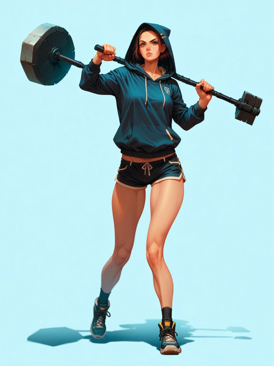 a cyborg girl wearing a hoodie and shorts, as a weapon she holds a huge quarrel hammer with both hands. full body view, look into the cam, combat-ready pose with raised weapon