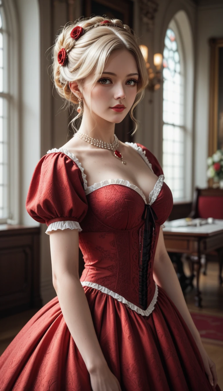  masterpieces ， top image quality ， Beautiful bust of a lady in the court ，Light blonde hairstyle ， adorned with exquisite jewelry ，. Upscale exquisite detail rendering。Anime,red victorian dress, full view ,Standing tall