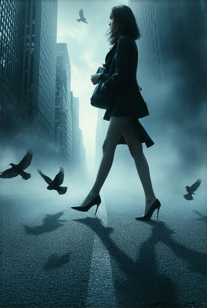 ((Masterpiece, Top Quality, High Resolution, Photorealistic, Extremely detailed CG unified 8k wallpaper)), A woman walking in the city, a view from above, a bird's eye view, a glance at the woman's feet, tight skirts, high heels, silhouettes of a flock of birds flapping their wings on the asphalt,