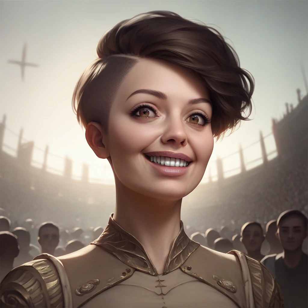 ((masterpiece)), ((  best quality)), ((16k)), ((  surreal)), ((Realistic)), (Mature), ((There are no classes)),   Very detailed , (1 female), Beautiful and exquisite, (Beautiful Teeth), Grin,   brunette pixie cut,   Brown Eyes  , (  upper body), ((The background is a solid gray color and 、 nothing)),   perfect eyes, Amazing Eyes,  audience  