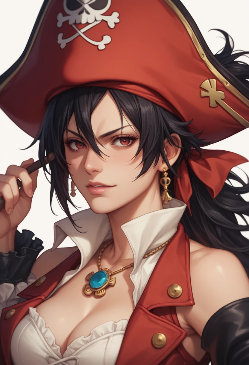 Mature beautiful woman,(Highest quality,Extremely detailed depiction,Incredibly absurd high resolution,Anatomically accurate depiction,),(Glowing Skin,Shiny skin,),pirate船の女キャプテン,セクシーなpirate衣装,pirate,Golden Accessories,A seductive smile,There is cleavage in the chest,Glossy lipstick,Sweat,Waving a cutlass,whole body,background:甲板で戦闘中のpirate船,From above:1.3