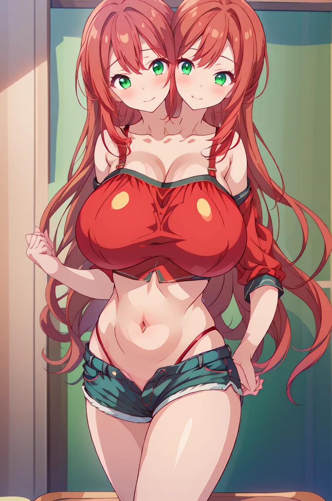 (masterpiece),best quality:1.5, ultra-detailed, high resolution, high quality, 16K, ((3heads:1.5)), ((red hair)),(1girl), conjoined twins, girl with three heads cleavage, ((red crop top)), shorts, (green eyes), long hair, sexy woman, gentle smile, seductive woman, sexy silhouette, blushing, very sexy body, seductive face, open belly, open breasts, huge breasts, (redhead), 
