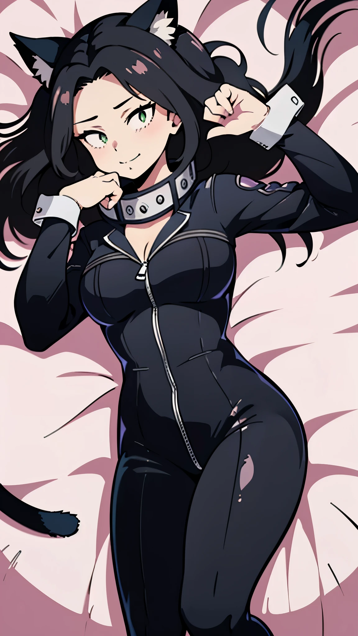 busty, sexy, cat girl, anime, smirk, female, long black hair, black body suit, cat ears, cat tail, lime green eyes, best quality, 4K, My Hero Academia, Boku no Hero, laying on bed, relaxed, 1 girl