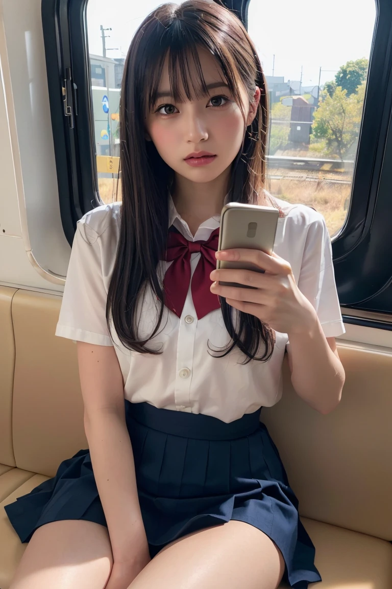 8k, RAW Portrait (Japanese women),masterpiece、Photorealistic:1.3、Realistic, Ultra-high resolution, Highest quality, Real Life Photos ,( In the evening :1.1),(((Showing panties:1.4)))、((Visible panties:1.4))、((A girl sitting on a chair on a Yamanote Line train and looking at her smartphone))、
((((1 person:1.5)))), (((電車内でskirtをたくし上げてShowing off panties女子高生:1.4)))、(Cute Face:1.3)、日本の1 person,((Japanese schoolgirl))、((本物の女子高生1 person))、((Japanese High School Uniform:1.6))、 Black Hair,(Written boundary depth:1.3)、 ((Dark brown eyes:1.2))、(Realistic skin texture:1.3)、(Immersive atmosphere:0.8、Chiaroscuro:1.2) 、(Viewer:1.3)、((Expressionless:1.3))、((Red cheeks:1.1))、((She's wearing tiny silk panties))、((Showing off panties:1.4))、((skirtをまくる女性))、((Highlight the panties))、The cutest in the world、((Spread your legs out to the side:1.4))、プリーツskirt、skirt、skirtリフト、skirtをたくし上げて