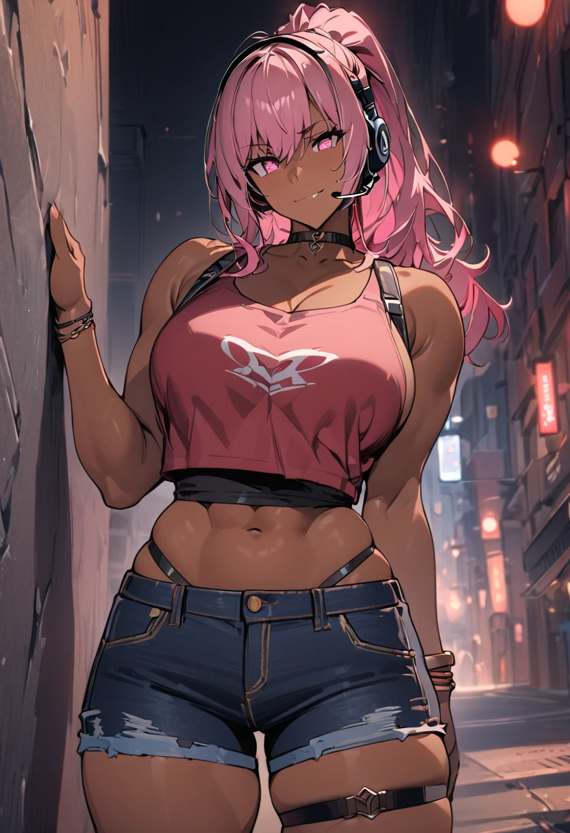 ((Best Quality)), ((masterpiece)), (detailed), 1 woman, bara, crop top, dark skin, ponytail, pink hair, Long Jean Jan Shirt, shorts jeans, choker, arm behind back, against wall, looking at the audience, defiant look, smiling, bracelet, Thigh strap, Head tilt, bored, pink eyes, headset, background is the street