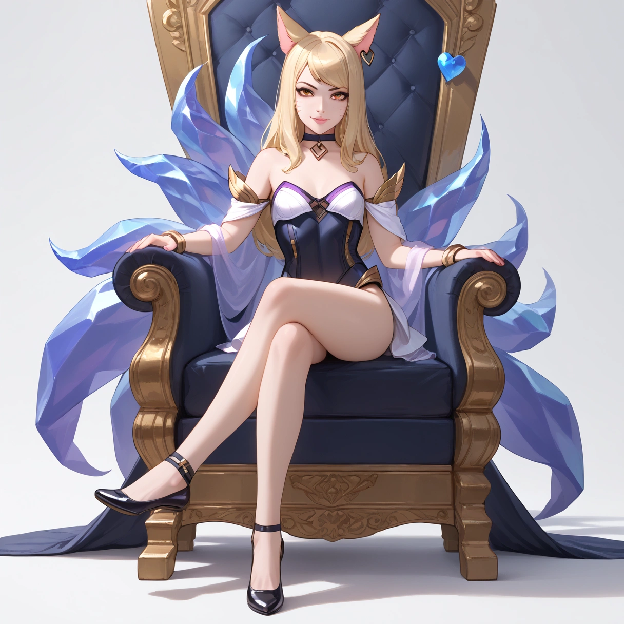 ((full body photo, standing, feet on the ground)) KDA Ahri LoL PD, masterpiece, best quality, (sitting on throne, legs crossed, showing feet, profile photo), highly detailed, score_9, score_8_up, score_7_up, score_6_up, anime font ,BREAK, 2girl, solo, long hair, blue eyes, flower, small breasts, bow, looking at viewer, freckles, parted lips, smile, full body, lips red, lips, leather ballet shoes, side photo, she looks at you, fishnets, white background, neutral cast
