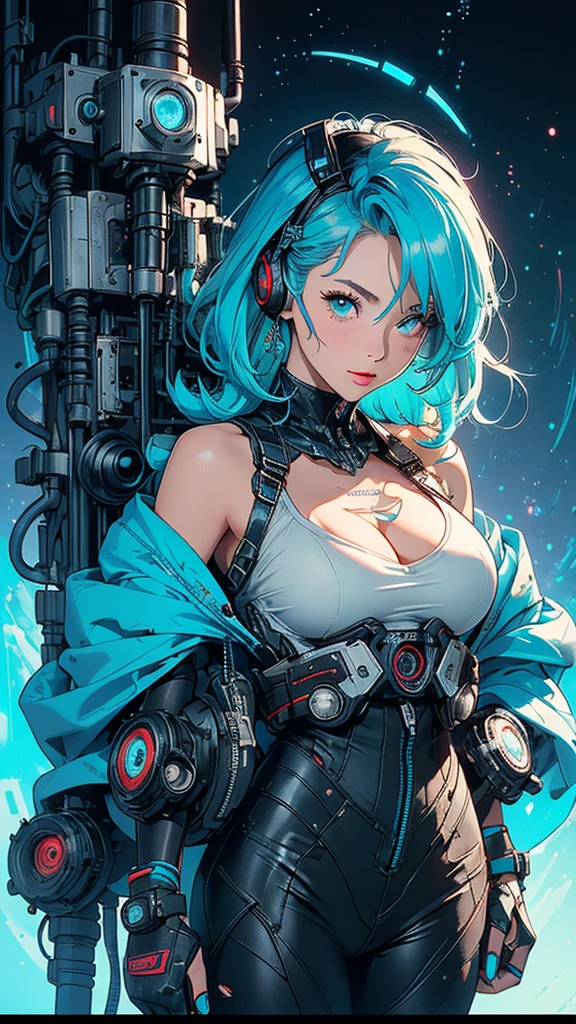 Teal hair, pussy sex slave tattoo, (hairy pussy:1.3), lifting up her shirt, sexy bra, (gigantic breasts), 4k, detailed face, anime stlye girl with large bright highly detailed gray eyes, wild short pixy hair cut hair style, wearing a blue and white skin tight long sleeve painted on top, sexy tongue, (robotic legs).