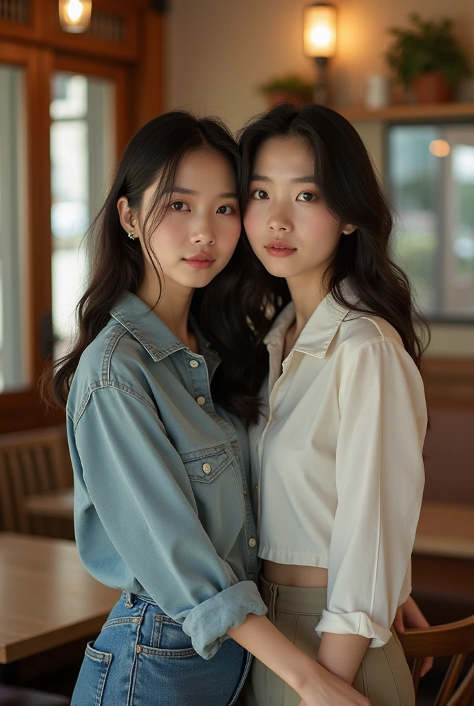 2 women,at the kitchen,Wear a T-shirt、Jeans and aprons,Focus on washing dishes,The face is the focal point。