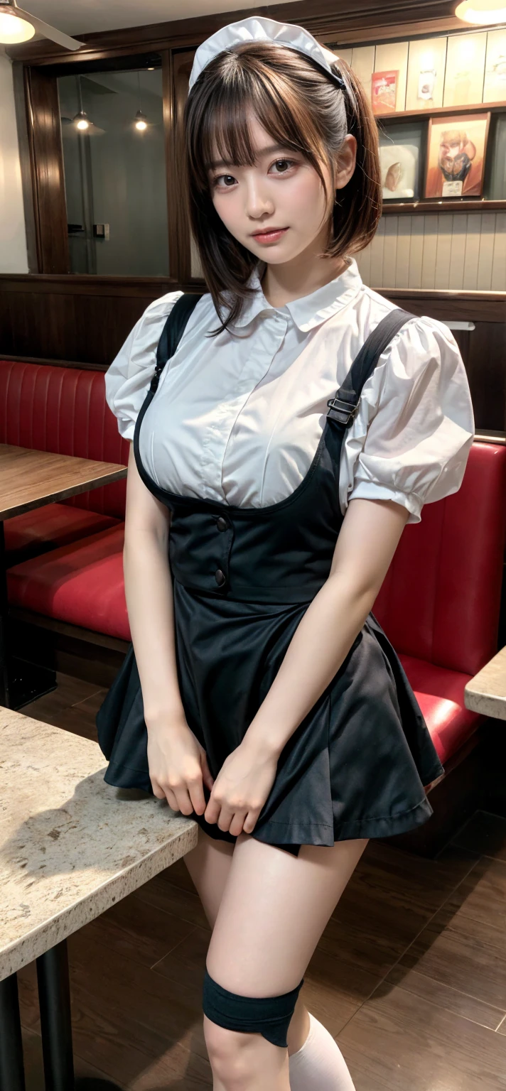 (true to life,Photorealistic 1.5),((best qualtiy, 8K, tmasterpiece:1.3)), (二重まぶた,largeeyes:1.3),(The expression is pitiful 1.5),(Full body photo 1.5)(Aggrieved expression 1.5)Clear focus 1.2, Perfect body beauty:1.4 , Delicate skin1.1,(Brown hair 1.2),(Delicate facial features1.4),(Pure desire 1.3)(Little Lori 1.5)(JK skirt 1.2)black lence stockings,Maid dress-up,Cat ears dressed up at Comic-Con
