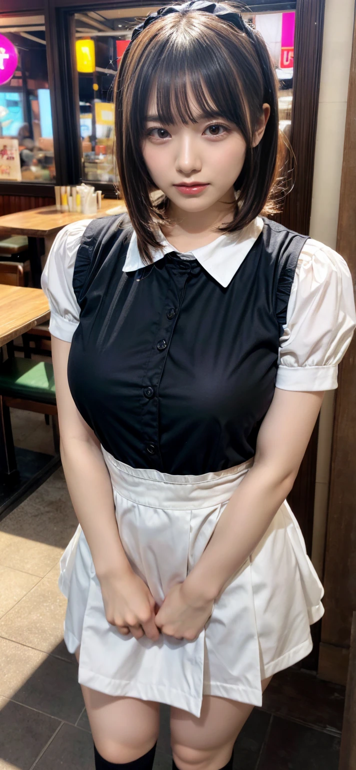 muste piece, best quality, illustration, Super detailed, fine details, High resolution, 8K,wall paper, perfect dynamic composition,(Details High quality, realistic depiction of eyes:1.3), waitress uniform, restaurant, large breasts, short bob hair、black hair color, Big Natural Color Lip, bold sexy pose, crying a little、cold gaze, Harajuku style、20 year old girl、cute type、ta、beautiful legs, gravure idol, Voluptuous thighs