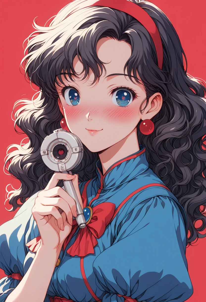  90s anime style ,  90s style , Of course, 80&#39;s style, (blush:1.7),  the highest quality , 8k, 1 woman, only, lofi girl, Arte Lofi, lofi feeling,  looking at the spectator, very large eyes, wearing 80&#39;s clothes, Upper Plane, close-up, smiling, olhos castanhos Of courses,  Snow White Skin ,  glowing eyes ,  black hair,  wavy hair,  anime girl holding cassette with her hand , solid red background with no other elements ,  the main focus is on the girl and the cassette
