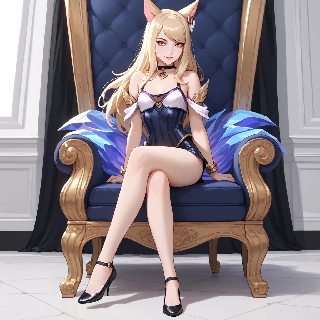 ((full body photo, standing, feet on the ground)) KDA Ahri LoL PD, masterpiece, best quality, (sitting on throne, legs crossed, showing feet, profile photo), highly detailed, score_9, score_8_up, score_7_up, score_6_up, anime font ,BREAK, 2girl, solo, long hair, blue eyes, flower, small breasts, bow, looking at viewer, freckles, parted lips, smile, full body, lips red, lips, leather ballet shoes, side photo, she looks at you, fishnets, white background, neutral cast
