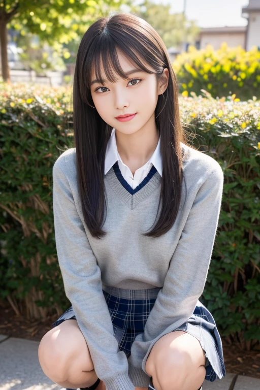 (8K、RAW Photos、top-quality、masterpiece:1.2)、(realisitic、Photorealsitic:1.37)、(((solo))), ((one 15-year-old Japan idol girl:1.2))、(Little girl's face、Cute smile、Raise your face slightly)、(Pink cardigan、Uniform with ribbon on chest)、((Navy blue pleated mini skirt))、(White High Socks)、(((White panty with ruffles at the edges)))、white-skinned、shinny skin、Realistic skin feeling、Beautiful face、Young Face、big eye、Black eyes、lofty nose、Dark hair、Straight long hair、Letting down your bangs、NSFW、((((Sit on the stairs of the evening performance))))、(Trees around)、(Park at night)、(Moody lights on street lamps)