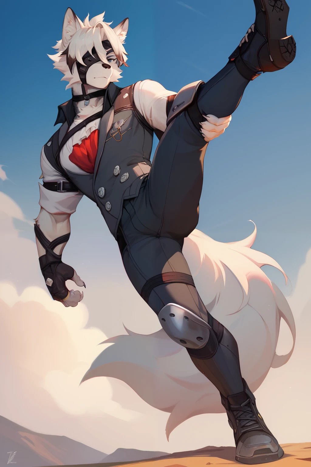 Von Lycaon, Anthropomorphic male furry wolf, wolf ears, muscular body, broad chest, slim waist, High Resolution, Anatomically Correct, Super Detailed, High Details, Short Hair, White Hair, Solo, Full body, high kick, Detailed face, detailed eyes, correct eyes, correct face, eye patch left eye, no shirt only, only straps.