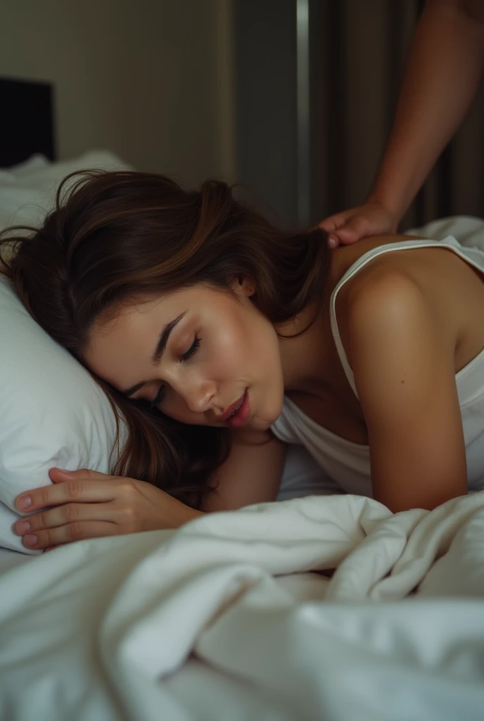 a white american man lying on his back on a bed in a massage room, being massaged by a sweet, sexy, cute, asian beautiful girl, little smile, High quality texture, intricate details, detailed texture,figure type hourglas, high quality shadow, a realistic representation of the face, Detailed beautiful delicate face, Detailed beautiful delicate eyes,a face of perfect proportion, Depth of field, perspective, perfect body,finely,(detailed beautiful eyes and detailed face)