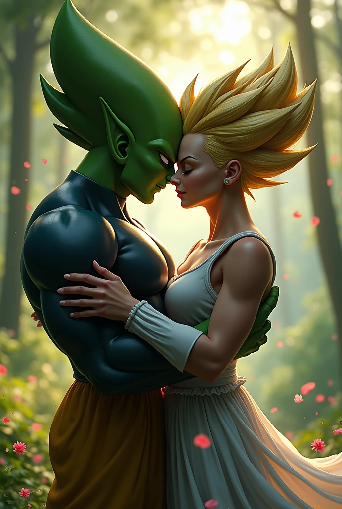 Goku kissing a female Namekian and Milk crying in the background