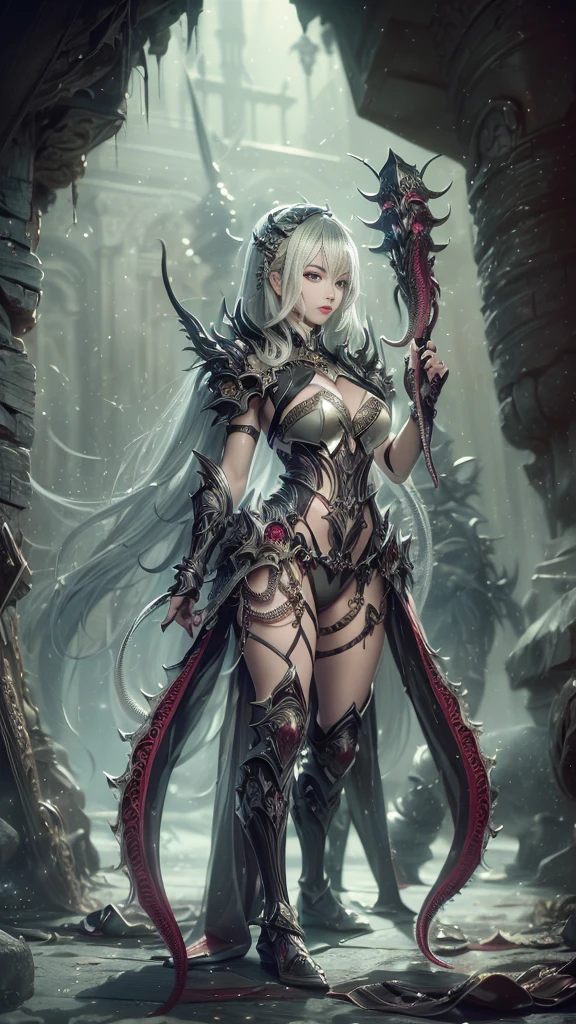 imagem arafada de uma personagem feminina com uma espada e uma luz roxa, da linhagem 2, elfa negro, lineage revolution style 2, elfo, maiden, sharp silver armor fuchsia skin, dressed in ethereal battle armor, armadura refletida de cor de fogo preto, linda necromante, paladinA sombriA, ingame image, Cavaleiro de Sangue,([long hair hair]:1.8), (full body:1.8), (full-body standing image:1.8), (upper body up:0.3), (hyper realistic:1.4), (realistic:1.3), (best quality real texture skin),masterpiece, highest quality, (perfect face:1.1) , (high detail:1.1), dramatic, female triplets, breasts, white hair, red eyes, cleavage, long hair, curvy, large breasts,(HUGE hips:1.5), (Cameltoe),masterpiece, highest quality, (perfect face:1.1) , (high detail:1.1), dramatic, female triplets, breasts, white hair, red eyes, cleavage, long hair, curvy, large breasts