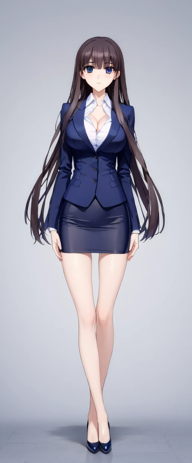 Megumi Kato,  1 girl , Alone, bangs,  brown hair, (((Female lawyer, ( formal suit micro mini skirt that shows only a little bit of crotch,   medium waist micro mini pencil skirt that shows just a little bit of white panties ),  white shirt,   Navy Blue Jacket,Big Breasts、 cleavage、Thin legs)))、 perfect body,  Anime Virtual YouTuber Full Body Model , ((Full body of a single character,  standing in a splendid posture , short!,  full body shot超詳細))、 skinny, Alone, 1 female,   Masterpiece ,   best quality ,   best quality , 16k,  Incredibly Ridiculous,  high definition, 2.5D, AI-generated, Delicate and dynamic,  Very delicate facial expression,  delicate eye depiction,  Erotic , only  sexy woman, ((A cute and kind face)),(((( beautiful eyes、 beautiful detailed eyes from outside the train))))、 Healthy body shape, ((25-year-old woman)), Height: 170cm,  Moderately Firm Swaying Bust , sexy, (( Thin Thighs )),,  shiny, 視聴者にfrontを向いている, smile, ((Oily_skin)), (((( full body shot、 Long Hair)))),  Erotic  pose,  fashion model posing with faded gray hair,   fashion model style DJ, (((micro mini length pencilskirt、front、You can fully see your thighs 、Very thin thighs、Long beautiful legs、痩せていてBig Breasts、 navy blue flawless micro mini pencil skirt)))、whole body、entire body、full body、total body、(((( full body standing picture、downwards、from front、Simple Background))))、White panties are slightly visible from below the skirt hem 