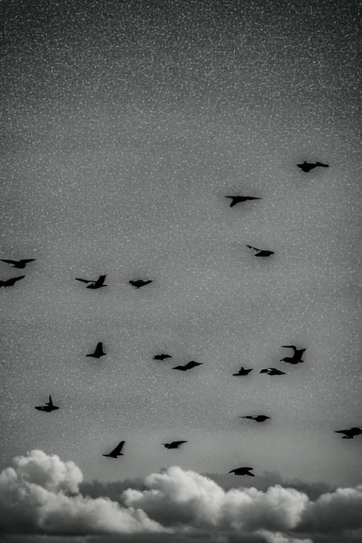 flock of 鳥が飛んでいる in the sky above a cloudy sky,  I have a feeling it's flying over a stormy sky ,  surrealism , Bird in the Sky , Flying Bird,  birds are in the sky , Overhead birds ,  birds are flying in the distance , Swarm of seagulls ,  seagulls flying far away 、Seagulls are flying、Black and White Photography、 damaged , Cinematography, Shaky, lo-fi、Close up to a seagull 、曇り空