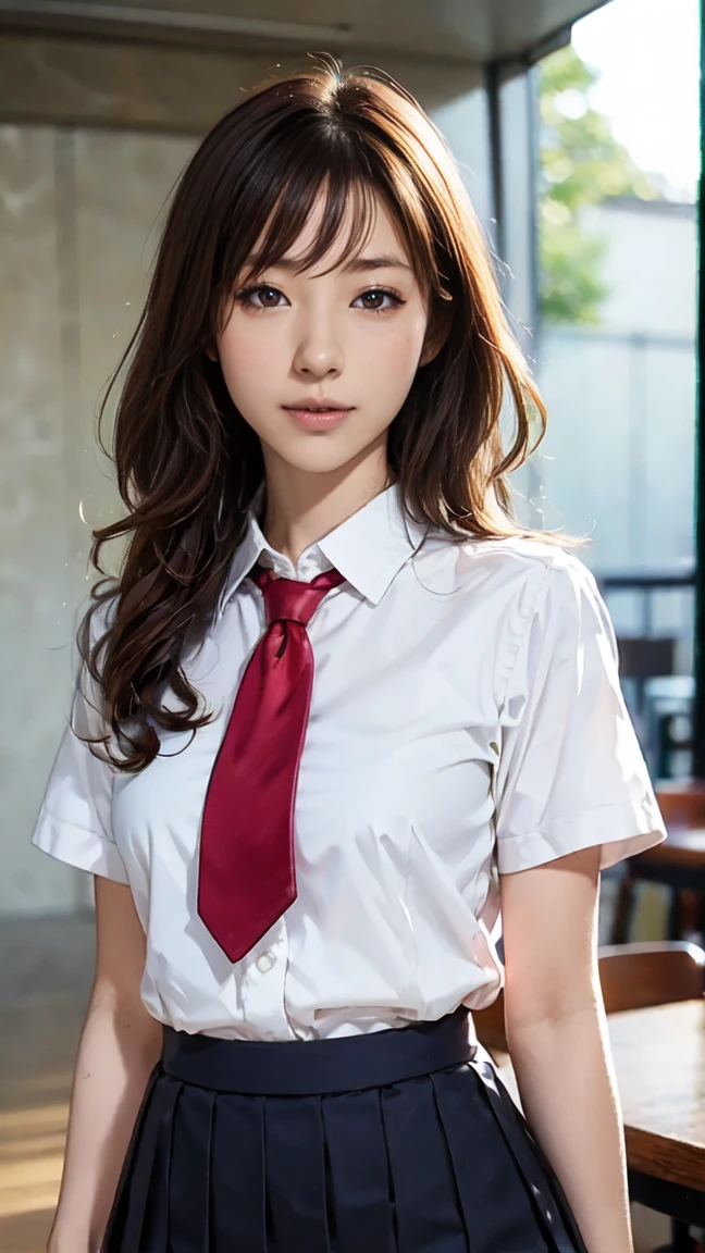 (( table top in front of you,  best quality,  high definition ,  NFSDW,  Perfect Pixel ,  4K,  NFSDW,  NFSDW))),  1 girl, single, Alone,  beautiful woman、 I could see my whole body、 ((Wavy medium hair, bangs,  brown hair)), (( Brown Eyes , Beautiful eyelashes,  realistic  eyes)), (( detailed face , :1.2)), (( smooth texture:0.75,  realistic  texture:0.65,  realistic :1.1,  anime CG style)),  medium chest ,  dynamic angle ,  perfect body,  (( red tie ,  school uniform, ,  white shirt,   black skirt  ,  checked skirt))、Station stairs、that&#39;Windy、 very embarrassed and flustered smile 、I looked back、 I can see her butt sticking out in front of me...............、 angle of looking up from the bottom of the stairs、 (The wind blew up her skirt、Touching the skirt with both hands、、I can see your whole ass、 white floral panties )、