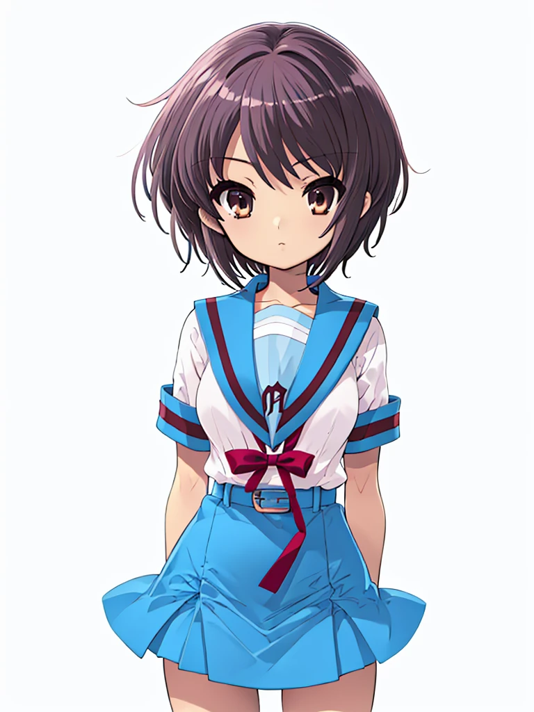 nagato, 1girl, nagato yuki, small breast, arms behind back, school uniform, kita high school uniform, ny1, blue sailor collar, serafuku, blue skirt, serafuku, belt, sailor collar, white shirt, short sleeves, red ribbon, simple background, expressionless