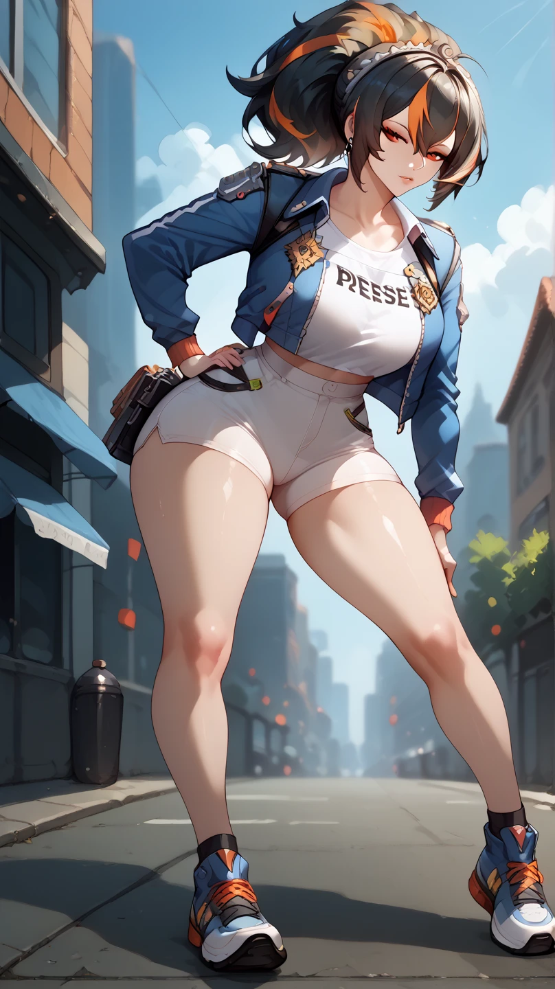 ((best quality)), solo,1 girl,masterpiece,looking at viewer,full body,arms behind back Zhu Yuan from Zenless Zone Zero, with ponytail hair featuring black hair, STREAKED HAIR AT THE MIDDLE HAIR,large breasts, slimfit tshirt,white skirt, long legs,cowboy shot,front look,