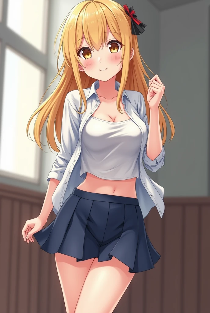 blonde woman, white tank top, plaid miniskirt, posing. standing.