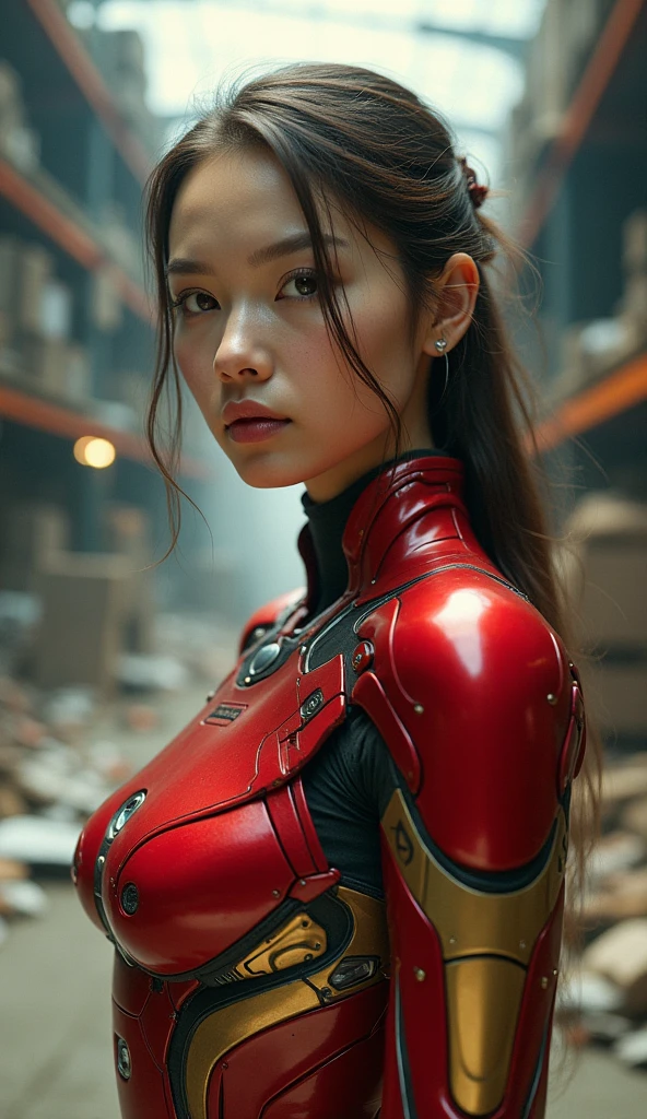 Boy and gilr beautiful woman, Metal robot cyberpunk red and white machine, ,«Little Red Riding Hood,(Show a flat stomach)