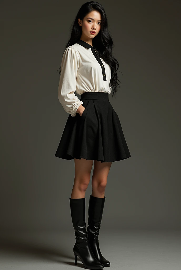 Make a person wearing a black and white June skirt, uma blusa preta, a pair of plain black fishnet stockings and black boots