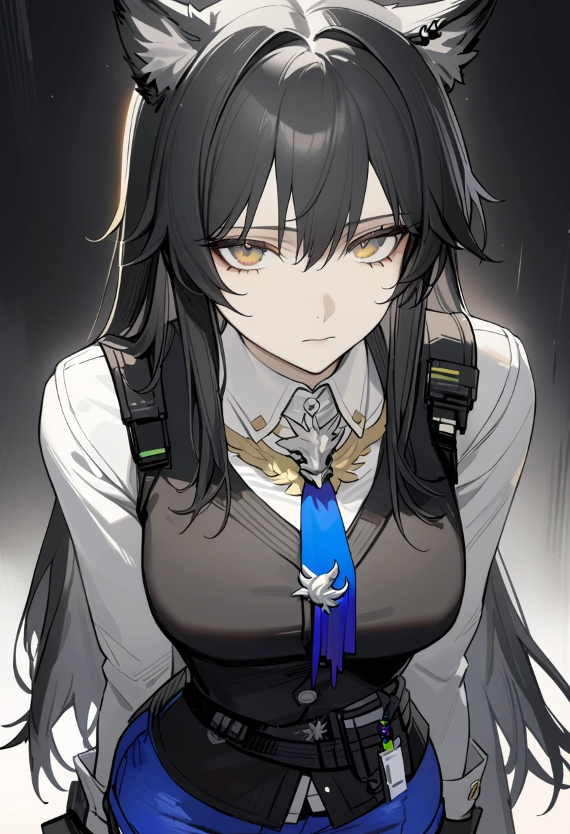  1 girl , Texas the Omertosa \( Arknights ),  Arknights ,  upper body,   with wolf ears ,  black hair,  yellow eyes,  clevis,  expressionless,  white shirt, Black vest,  blue tie,  blue shorts,  Masterpiece ,  best quality