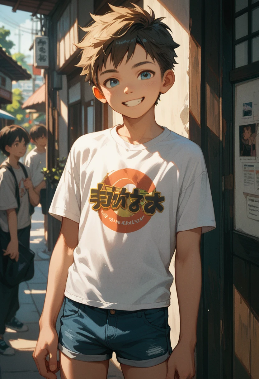 a japanese small young boy,t shirt,short pants,smiling,