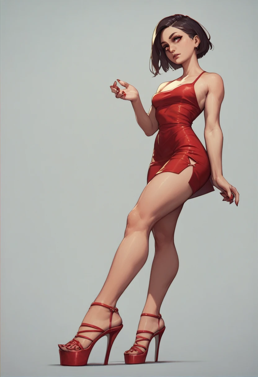 A beautiful woman in a red dress, standing elegantly on one leg, hands behind her body in a pinup pose, oppai proportions, extremely detailed by artgerm, cutesexyrobutts, perfectly shaded body, full body portrait of a short woman, comic pinup style, photorealistic, 8k, high resolution, masterpiece, ultra-detailed, vivid colors, dramatic lighting