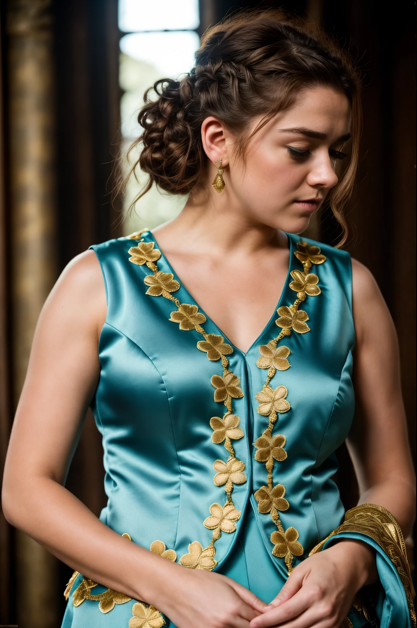 Foto RAW, Arya Stark, Stunning Beauty, Ravishing, Enchantress, Extremely gorgeous lady, Arya Stark PLAYED BY MAISIE WILLIAMS, Queen Arya Stark, she  a mature woman now, milf, sexy mediaeval battle dress, gladiator woman, body, 40 years old Woman, Roman slave dress, cotton dress, busty mediaeval costumes, body revealing costumes, perky breast, big natural breast, erotic costumes, lusty physique, seductive figure can capture every people's attention, Game of thrones costumes, revealing captivating figure, Mediaeval costumes, revealing clothes, A tomboy, she would rather fence than dance, warrior queen , game of thrones screen caps, Game of Thrones Series, (pele altamente detalhada: 1.2), 8k UHD, DSLR, soft-lighting, alta qualidade, grain of film, Fujifilm XT3, flawless picture, highly detailed, detailed Beauty, intricate, 32k, sharp picture,