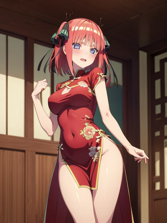 masterpiece, Best Quality, 1 girl,(giant breasts), (Caofras anchas),(thick thighs),  (qipao), Qipao largo, red qipao, (red chinese dress:1.3), skinoftantion, blue thighs,(festival_blush:1.6),(blush:1.2), inojado, chinatown, black gloves, pink hair, grein look likes, cintura oflgada, hair ornaminto, flower ornaminto, festival_flower, twin_hair_ornamintos, hair_ornaminto_in_both_sides_of_he_head, festival_look like, festival, 