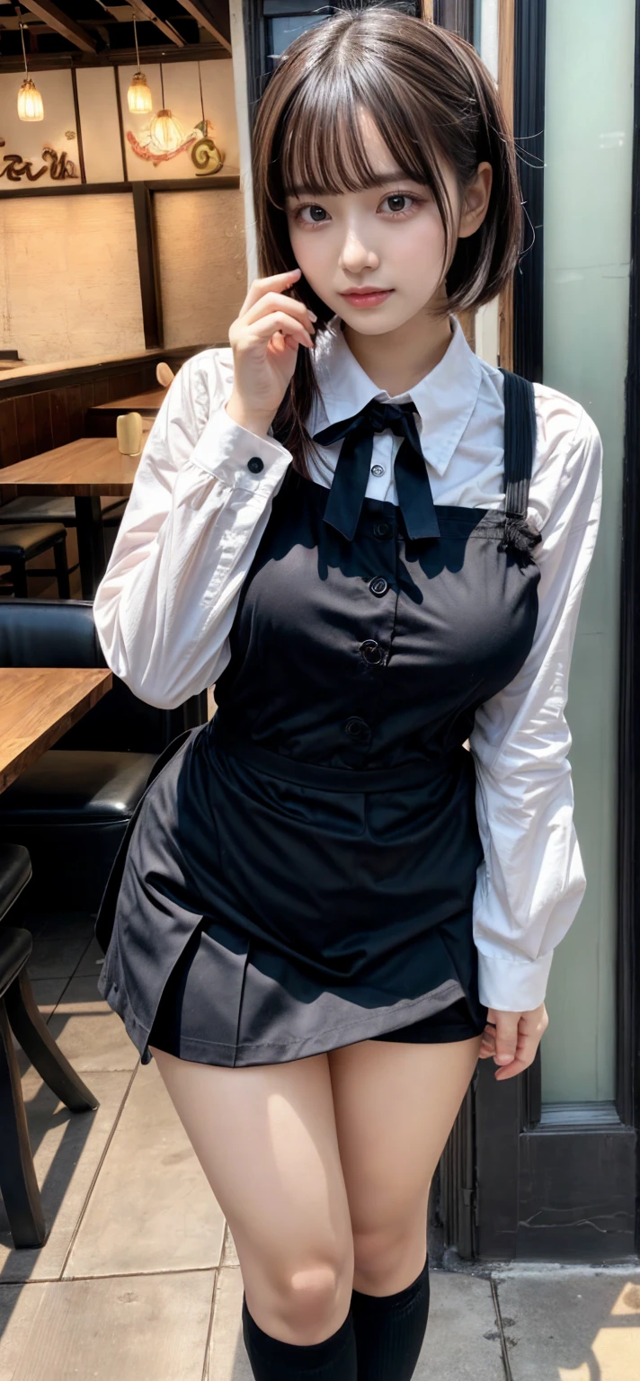 ((Patisserie))、(Cake shop)、laughing、masterpiece, highest quality, High resolution, 1 girl, alone, big breasts、beret, skirt with suspenders, black hair、pigtails、((clerk)), (((collared shirt)))、looking at the viewer, from below, Looking down on the viewer, skirt lift, looking at camera, from belowのアングル,, beautiful skin, light shines on your face, highly detailed face, highly detailed lips, vagina,((delicate pictures)),(Detailed RAW photos of girls), (muste piece:1.25), (best quality:1.6), (超High resolution:1.5), (It's photorealistic:1.75), 8K resolution,:1.6), Canon EOS R5, 50mm, disorganized, Super detailed,cinematic lighting、spread legs、(Cute pattern printed panties)、(high socks)、accessories、
