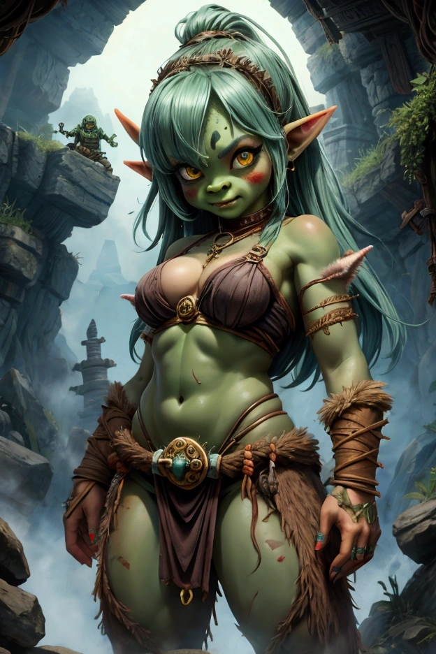 Masterpiece, high quality, (dark Green skin tone), orc, fit, beautiful orc, sexy orc, female, portrait, naked, piercings, Jungle background, black eyes, vivid colors, scars on body