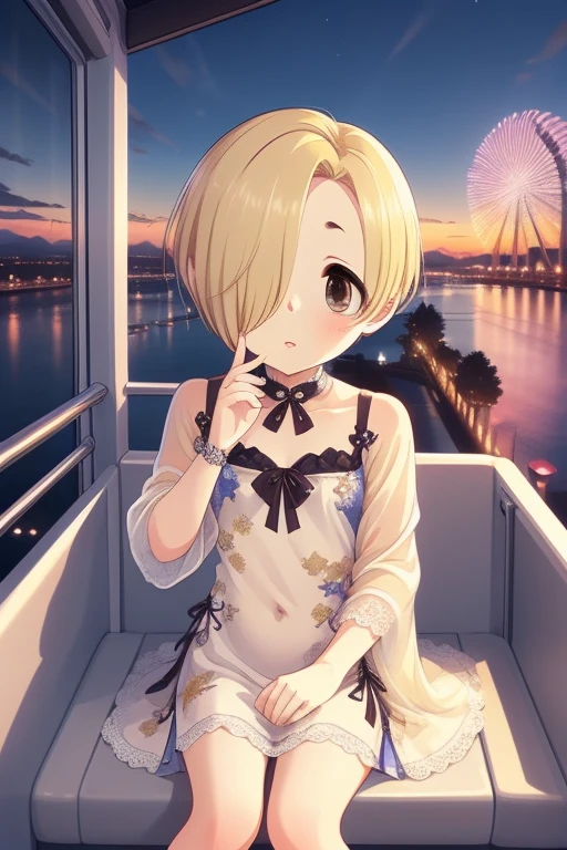   Masterpiece ,  best quality, girl, ultra detail,, eye closed ,Kiss, close, clevis,shy,  knight ,town,ferris wheel,While admiring the scenery,Low-rise glass house,amusement park, Sitting facing the audience,fireworks,Spoken Heart,, (((Shirasaka Koume,  blonde hair ,  hair covering one eye ,  shorthair,  Brown Eyes ,  flat chested))) , (  Perfect Hand,  perfect anatomy over a white blouse ),,  Five Fingers , China dress