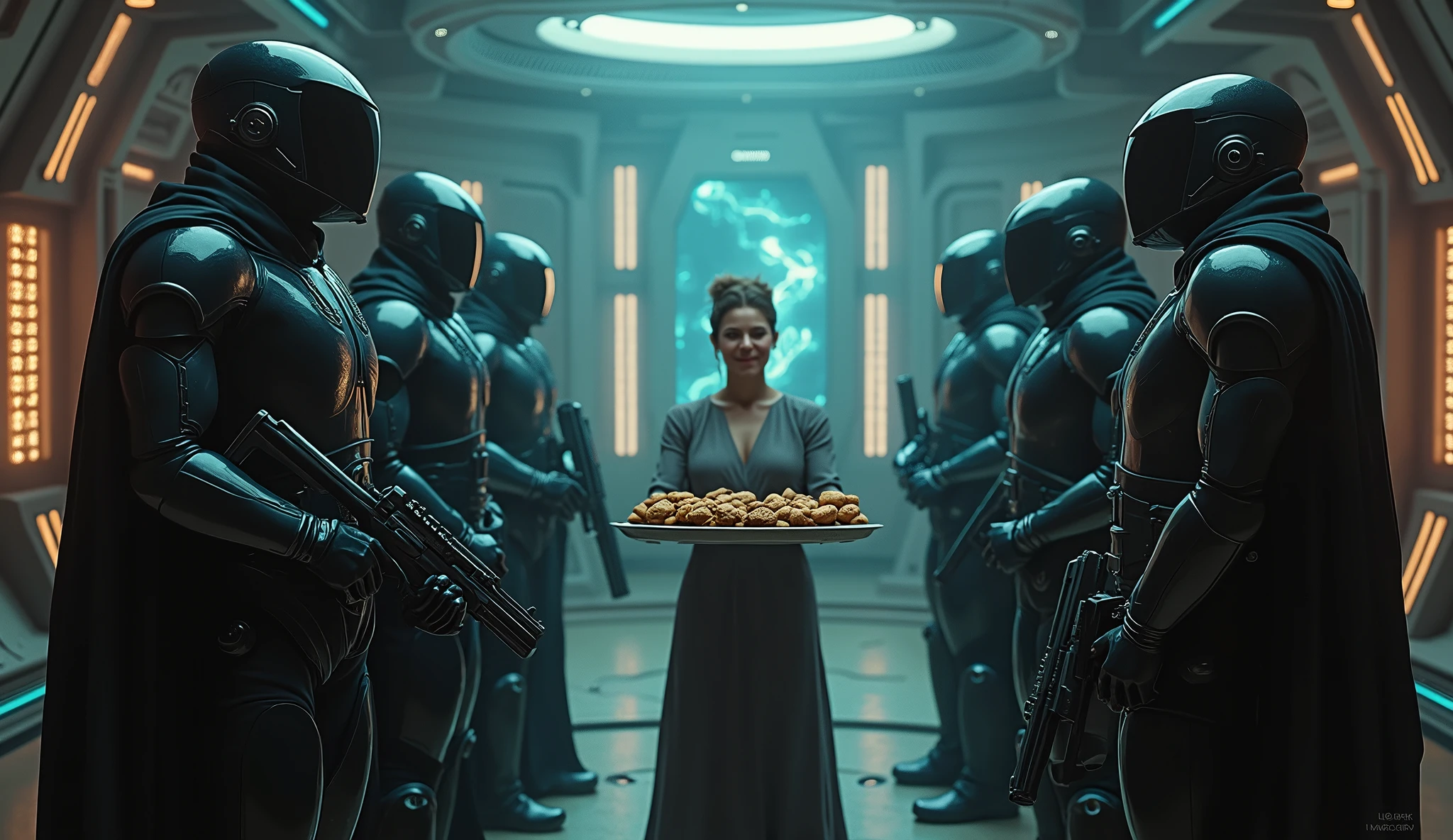 mujeres extraterrestres alienigenas al estilo star wars, se encuentran en una cantina ultramoderna de la ciudad de coruscant.