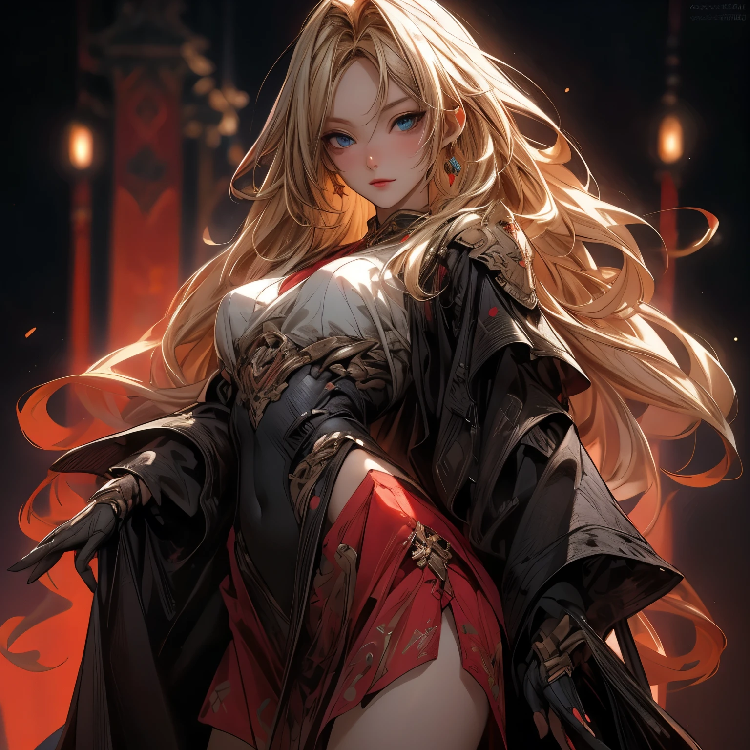 (((Different world)))、(((Luxury gold embellished dark blue high leg leotard with white fur、I can see my belly button、Blonde super long hair:1.2、Cat ear、knee high boots、big breasts、supermodel style、unparalleled beauty、beautiful、beautiful、beautiful woman、adult woman)))(((a red cloak waving:1.3)))(((Grasp the gun in your left hand and thrust it forward:1.8、Grasp the hilt of the sword in your right hand and take a stance.:1.８)))))(((from below　、oblique angle)))official fine art，Representative works、masterpiece、highest quality、, anatomically correct、High resolution,, 8K resolution ,masterpiece、global illumination、