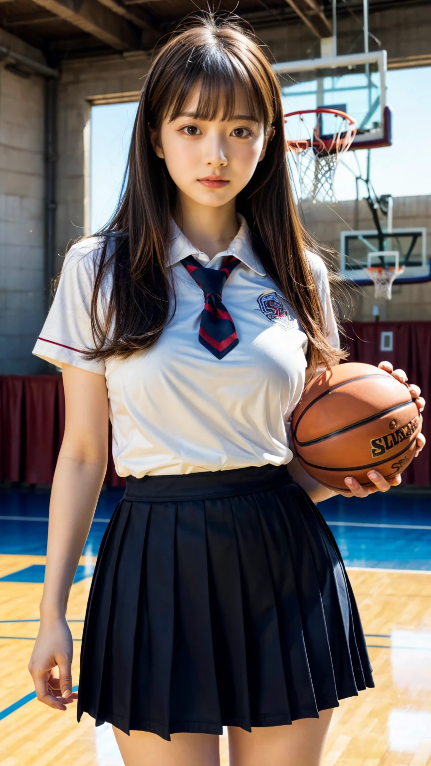 (RAW photo, 4k, masterpiece, high resolution, extremely complex) (realistic: 1.4), cinematic lighting
1 Girl,Slam Dunk's,blushing,((innocent)),Solo Focus, bright eyes,round eyes,blunt bangs,((straight hair:1.3)),black hair,large breasts,wide hips,Summer Noon, sunlight,Hot, (Best Quality), (Highres), (an Extremely Delicate and Beautiful),(Beautiful 8k face),(Brown eyes),(ulzzang-6500:1.0),(solo),( spectators),(gigantic breasts),(Slam Dunk),(Japanese high school uniform:1.3),blue skirt,((Play basketball)),((gymnasium)),((speed)),(reality),Basketball Court,bright lighting