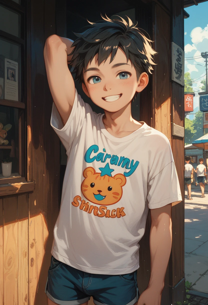 a japanese small young boy,t shirt,short pants,smiling,