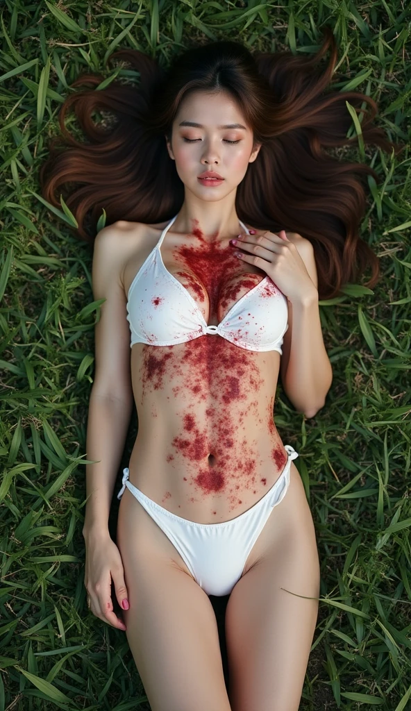 Create an ultra-high resolution, hyper-realistic rendering of a zombie model lying on the ground after a fresh attack, just before reanimation. She should have dead eyes, with fresh bites and gashes on her body. Her limp body should lie on the ground with legs spread apart. Her clothing is torn and dirty from the struggle. Include details like twisted hair and contorted lips for character. Emphasize subtle details such as sensual curves while maintaining a tasteful presentation. The background should depict a fierce battle for survival, with signs of chaos and destruction such as blood trails and broken objects. Ensure her body is complete and anatomically correct, emphasizing her eerie beauty and haunting charm. Full body picture