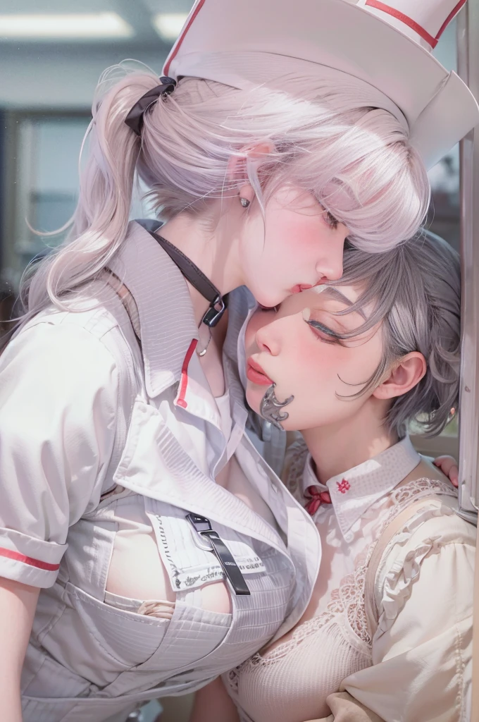 (masterpiece:1.5),ultra-detailed, 8K, High resolution, best quality, depth of field, long hair, blush, short hair, bangs, multiple boys, blonde hair, lingerie, (2boys:1.6), closed eyes, short sleeves, grey hair, tongue, indoors, tongue out, fem_boy, white chemise, (gay:1.8), from side, (see-through:1.6), window, hug, half-closed eyes, kiss, french kiss